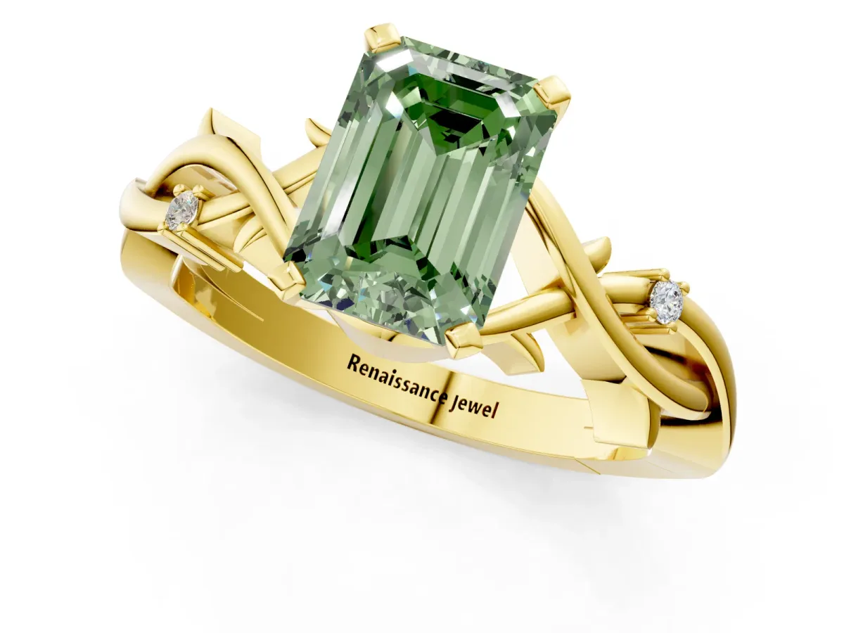 Fancy Green Emerald Cut Diamond Solitaire Ring with Twisted Band and Prong Setting Yellow gold