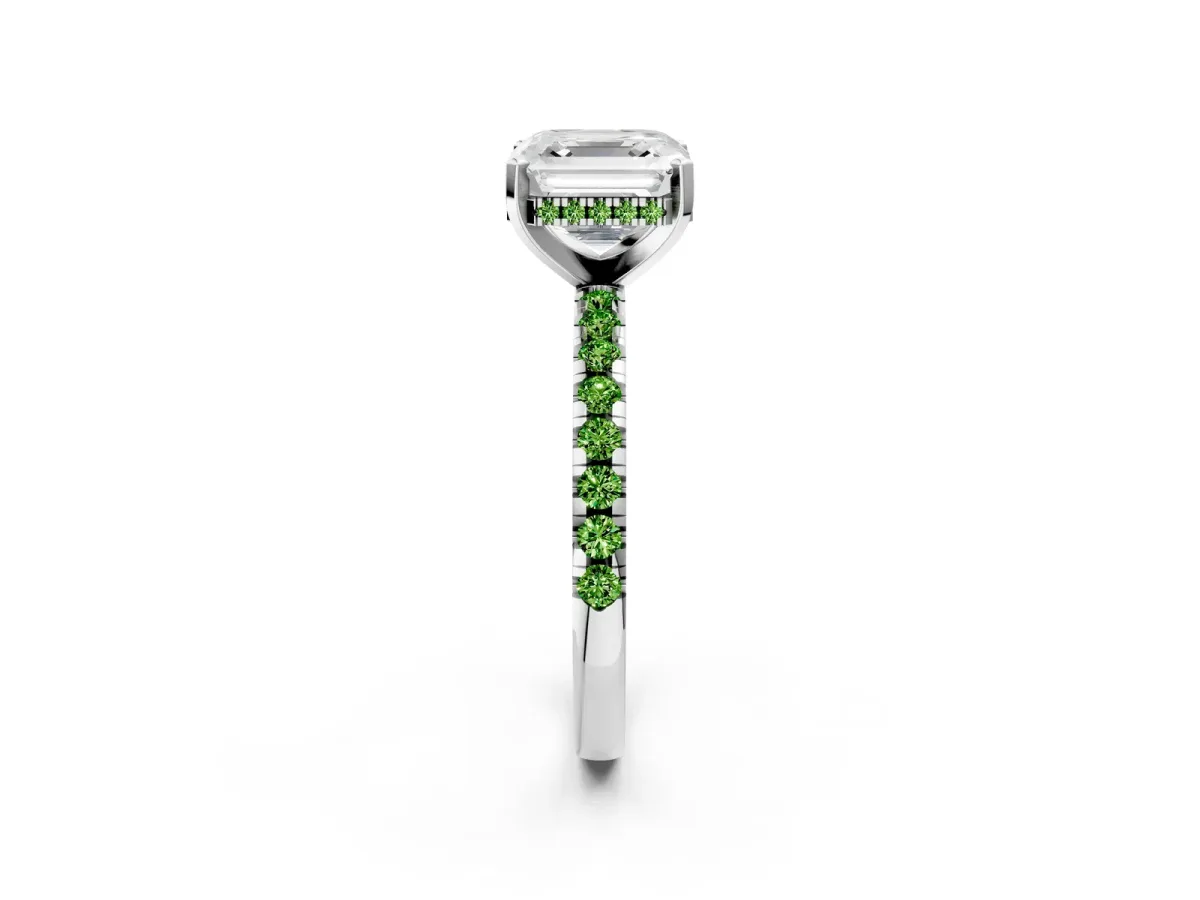 Asscher Cut Diamond Solitaire Ring with Round Peridot Pavé Band and Four-Prong Setting Silver