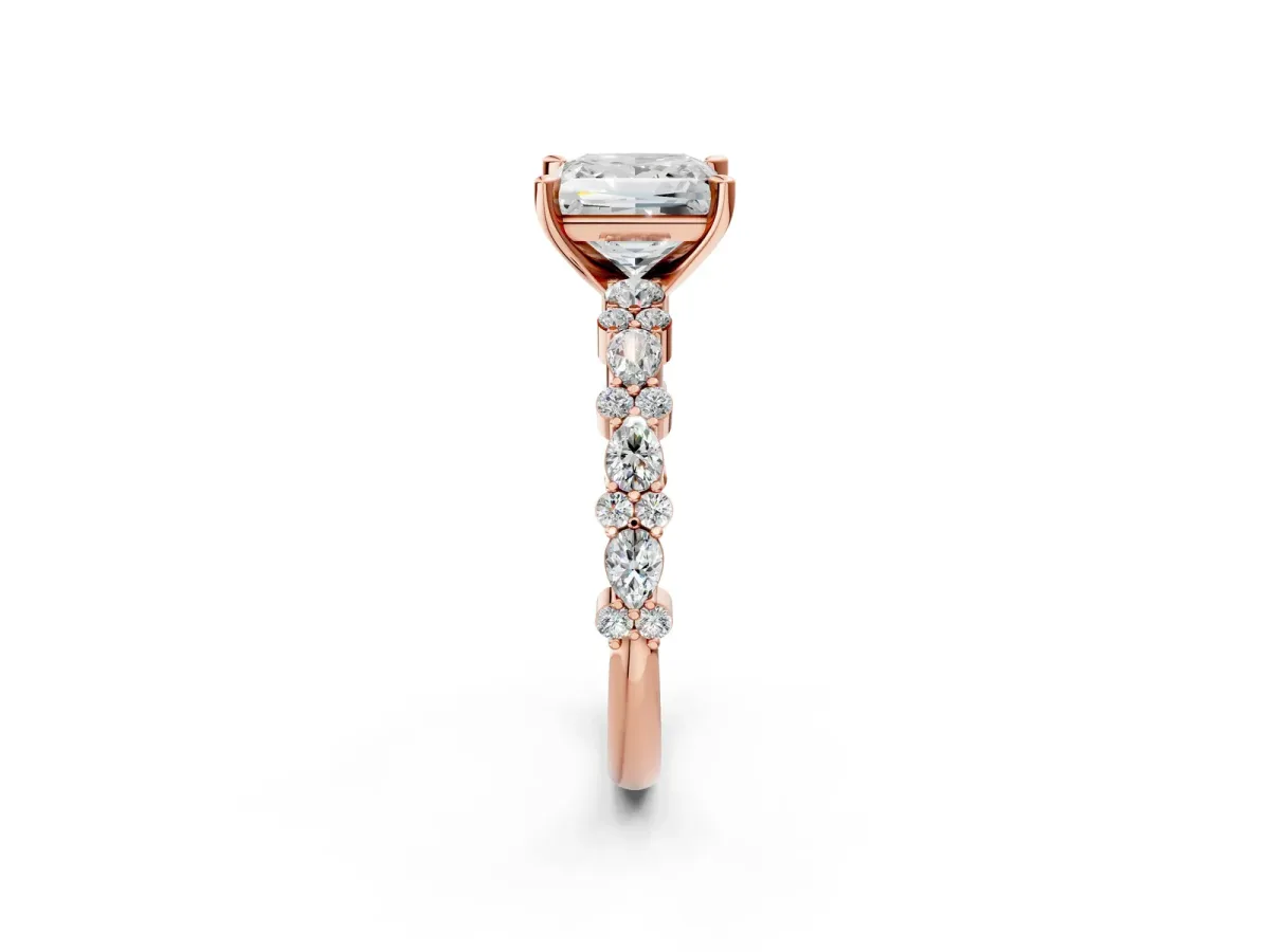 Princess Cut Diamond Side Stone Solitaire Ring with Round and Four-Prong Setting Rose gold