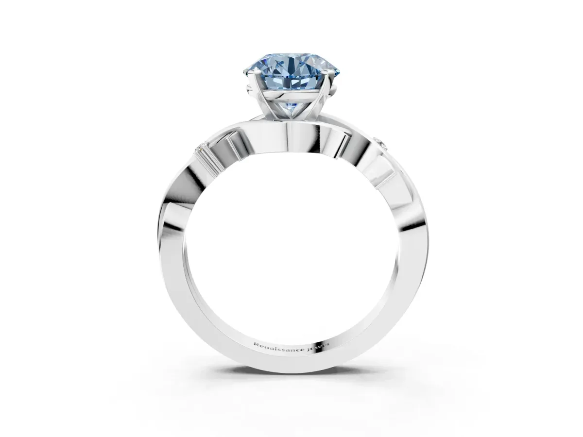 Fancy Blue Round Cut Diamond Solitaire Ring with Twisted Band and Prong Setting White gold