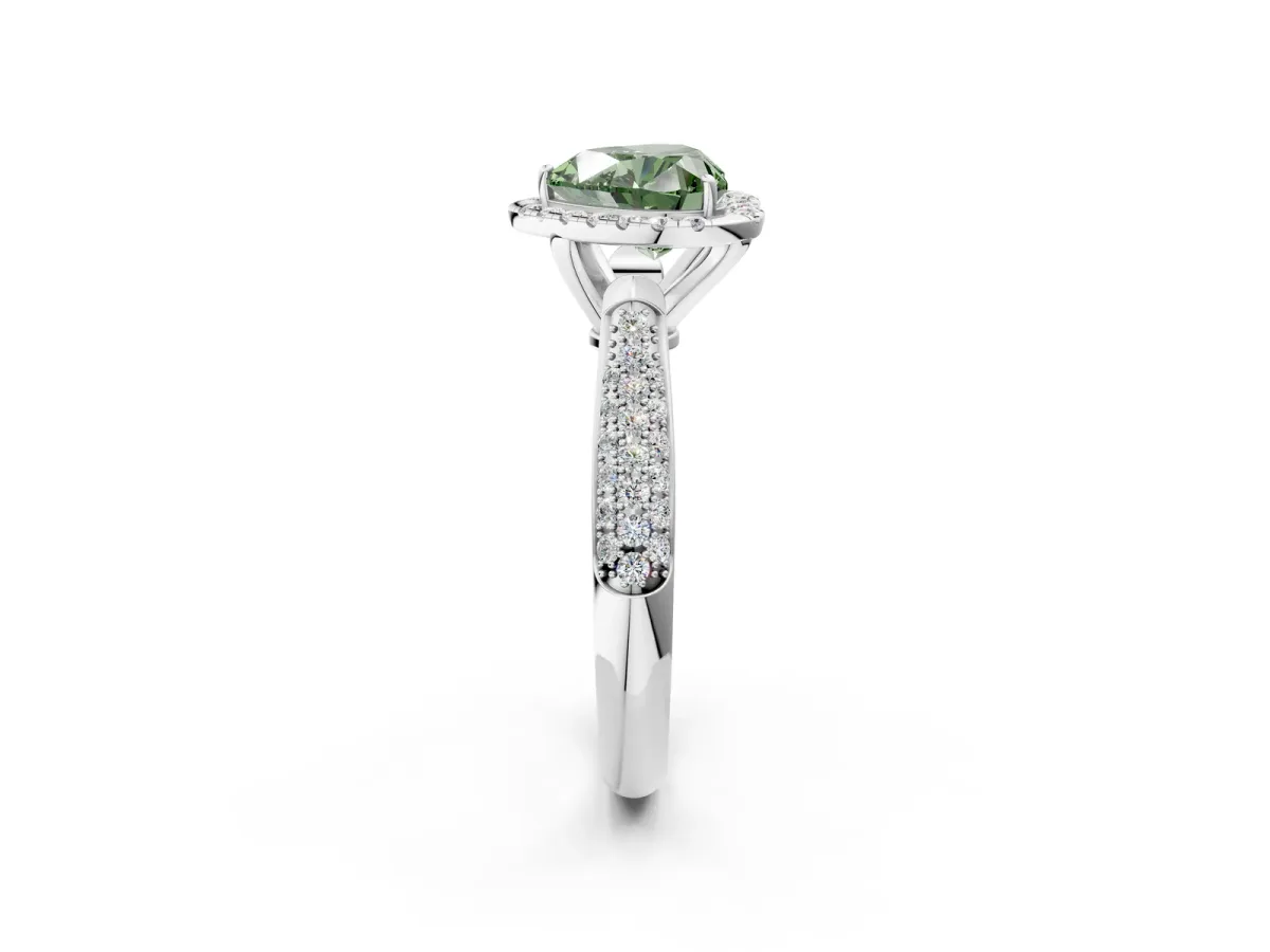 Fancy Green Heart Cut Cut Halo Pave Band Four-Prong Setting Ring Platinum