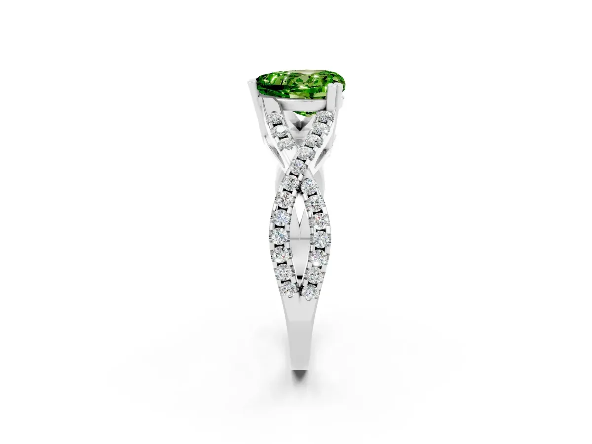 Heart Cut Peridot Solitaire Ring with Four-Prong Setting and Twisted Pavé Band Silver
