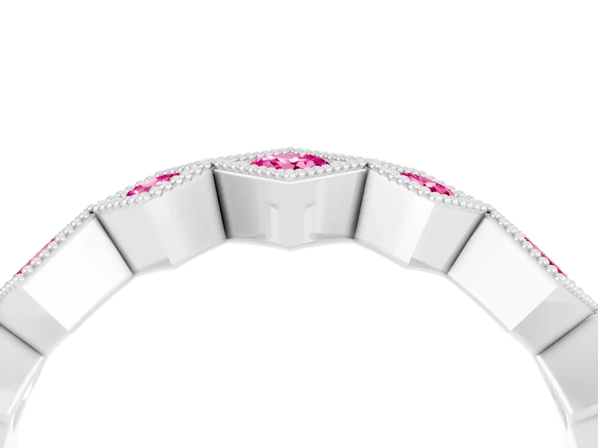 Milgrain Square Bezel Round Pink Sapphire Chevron Band Silver