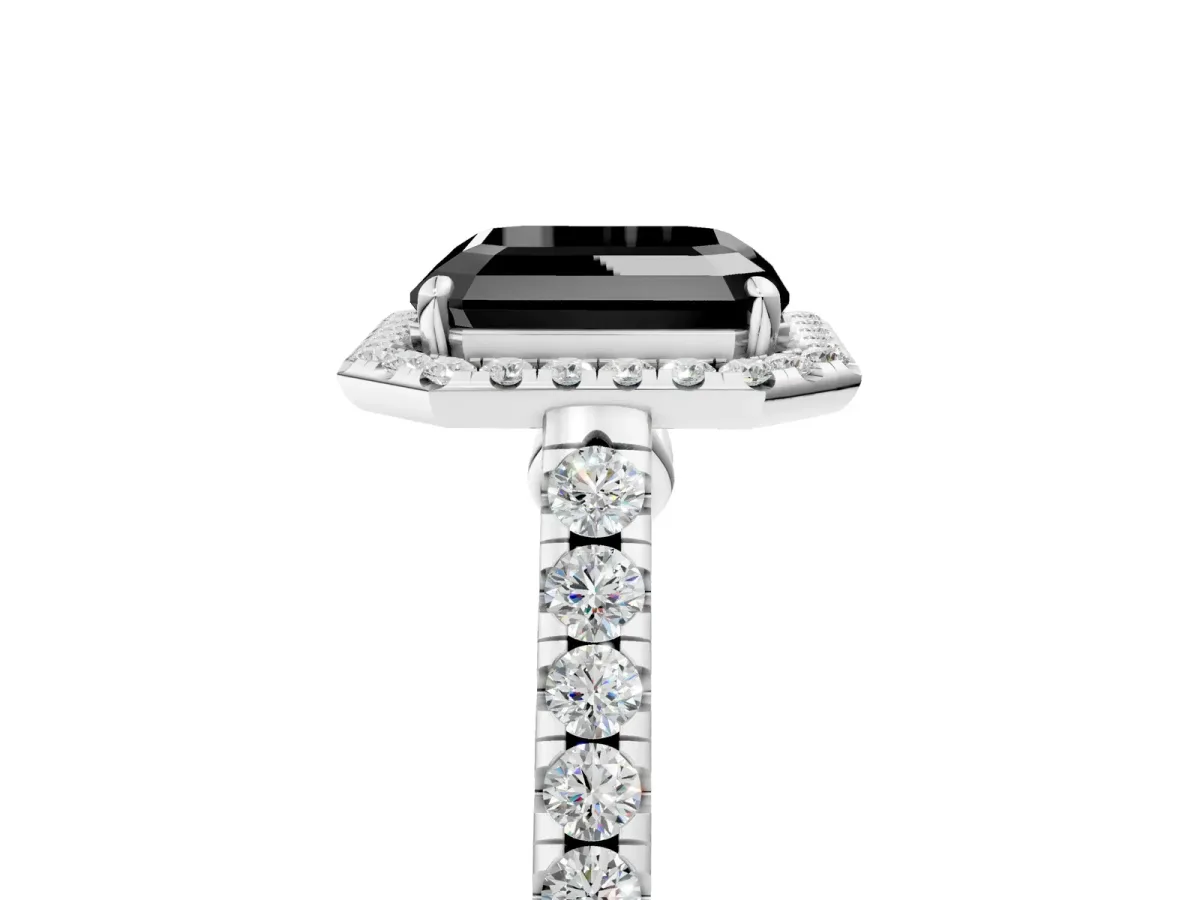 Fancy Black Asscher Cut Halo Pave Diamond Engagement Ring with Four-Prong Setting Platinum