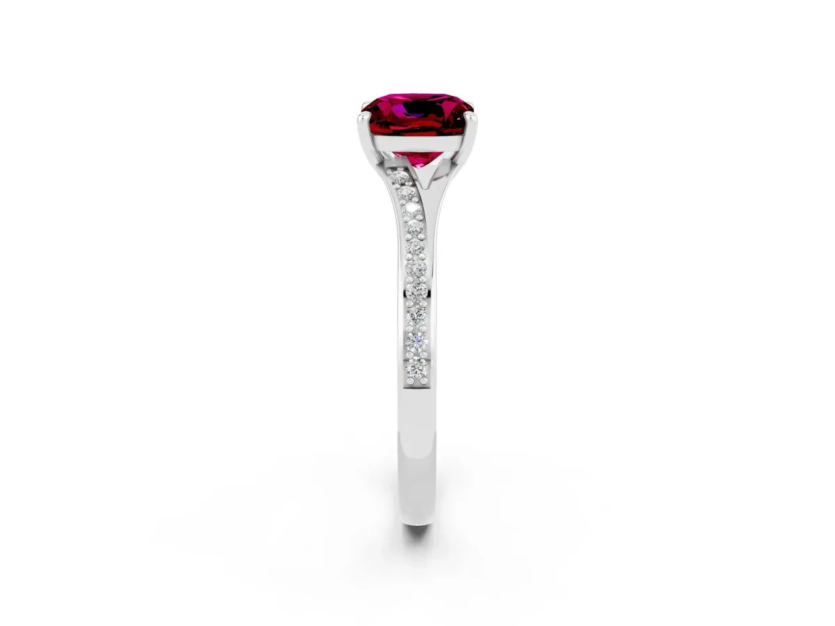 Cushion Cut Garnet Solitaire Ring with Pavé Band and Prong Setting Silver