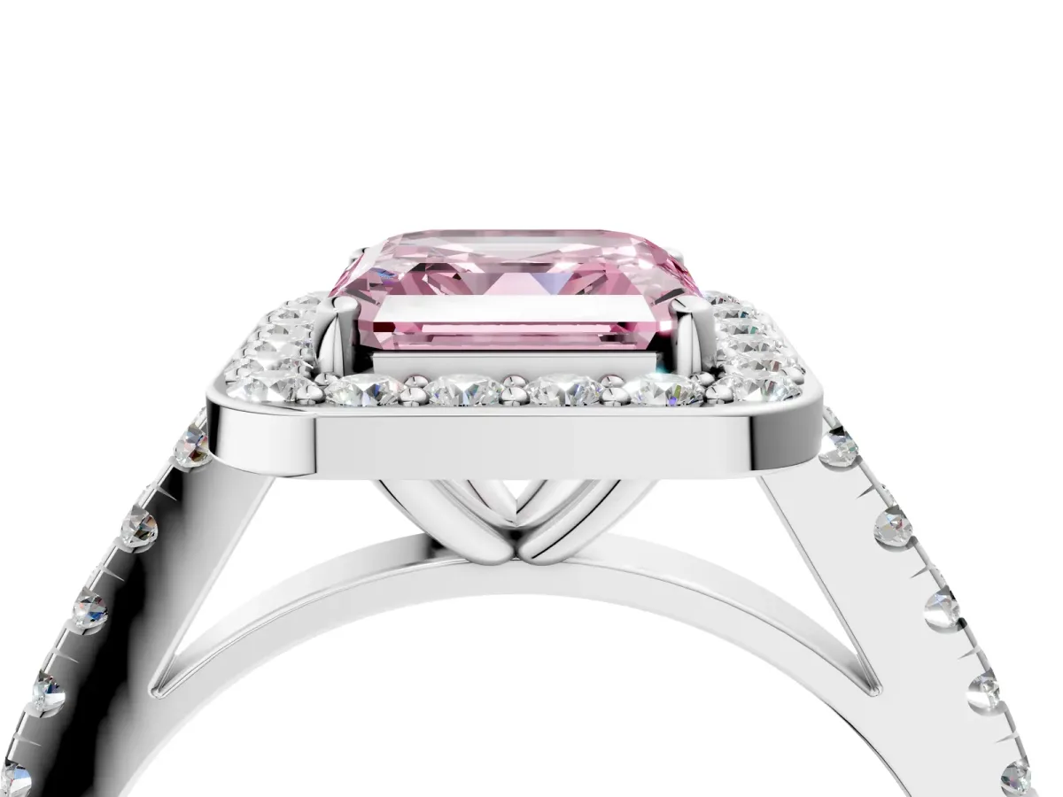 Fancy Pink Asscher Cut Diamond Halo Ring with Round Pavé Split Shank and Prong Setting Platinum