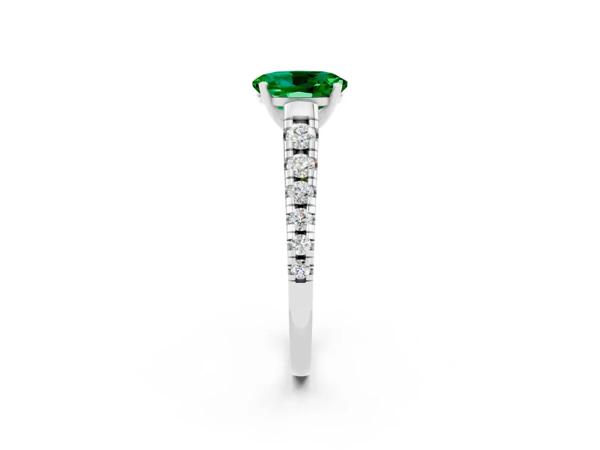 Oval Cut Emerald Cathedral Solitaire Ring with Round Pavé Band White gold