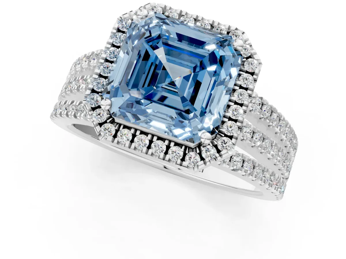 Fancy Blue Asscher Cut Diamond Halo Engagement Ring with Split Shank and Four-Prong Setting Platinum