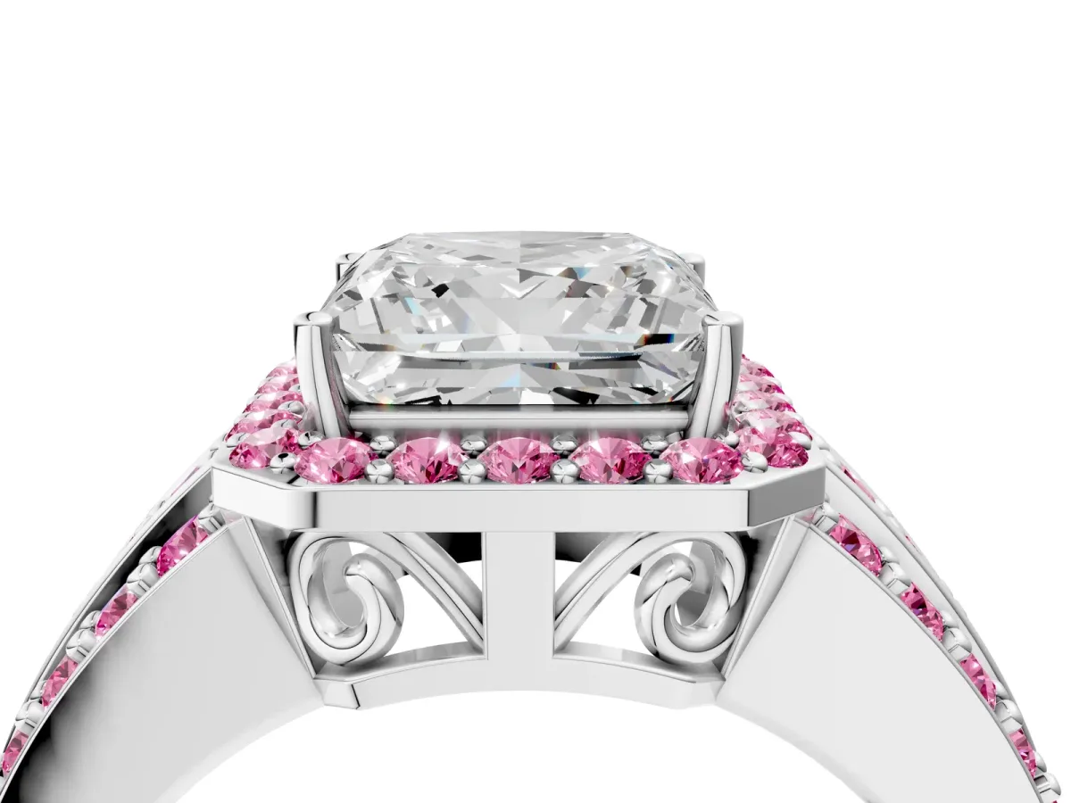 Princess Cut Halo Diamond Ring with Round Pink Sapphire Split Shank and Prong Setting Silver