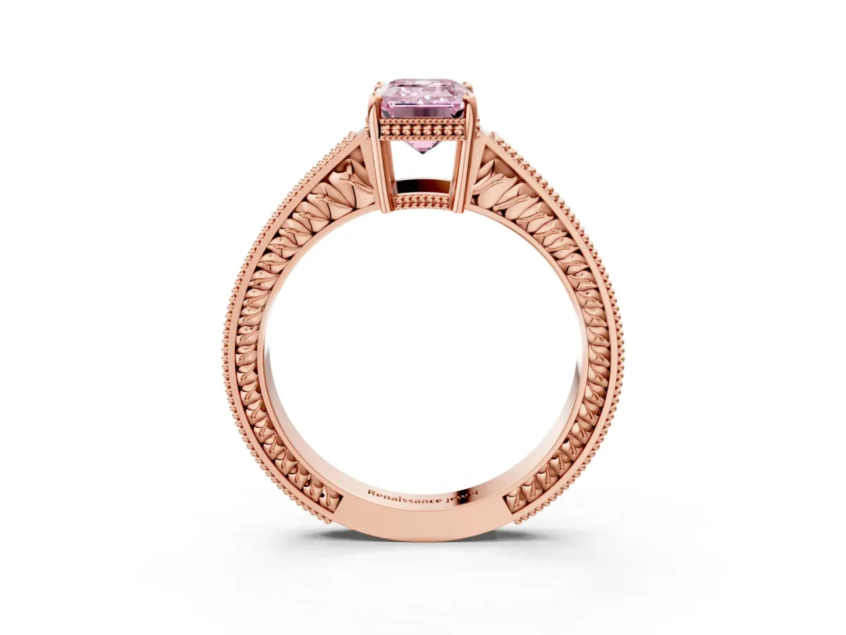 Fancy Pink Emerald Cut Cut Diamond Milgrain Pave Band Four-Prong Setting Ring Rose gold