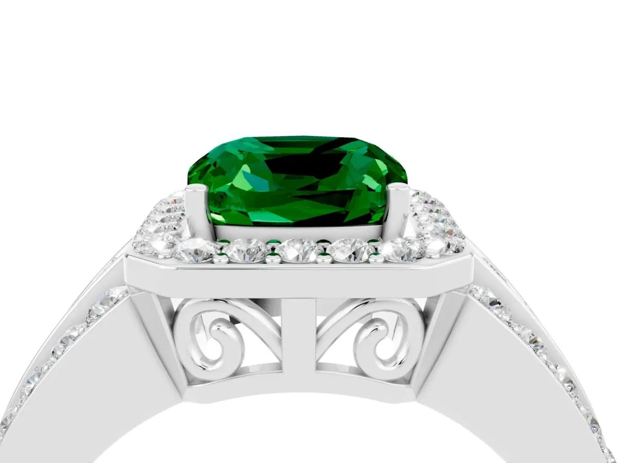 Cushion Cut Halo Emerald Ring with Round Split Shank and Prong Setting Silver