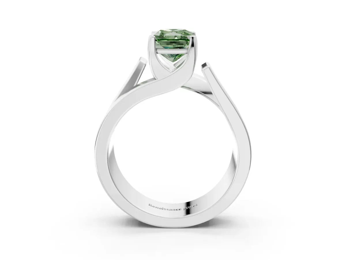 Fancy Green Modern Tension Set Radiant Cut Diamond Solitaire Wide Band Ring Silver