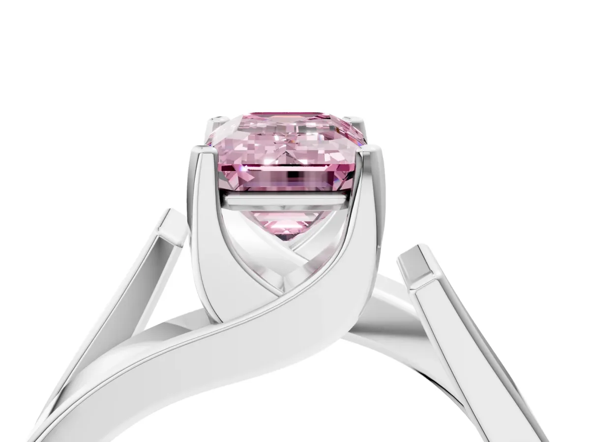 Fancy Pink Modern Tension Set Emerald Cut Diamond Solitaire Wide Band Ring Silver