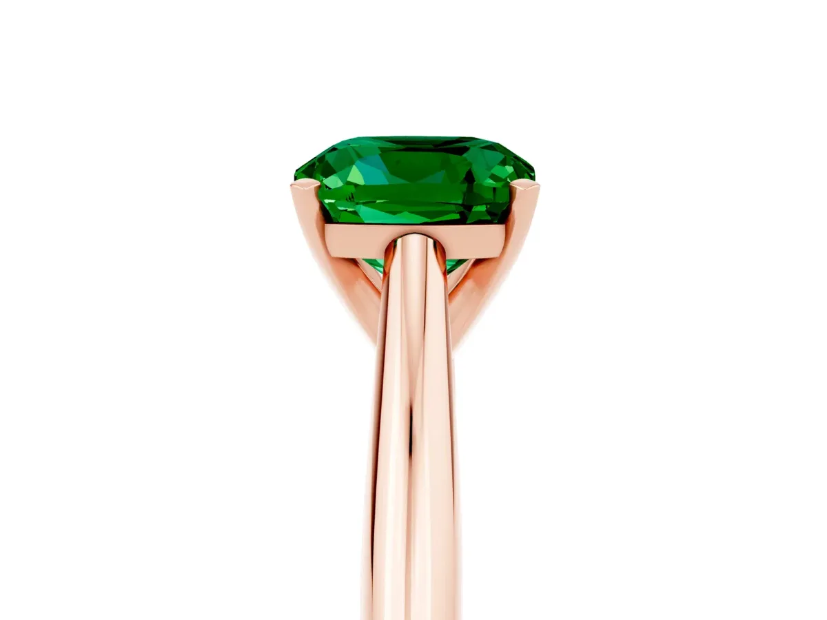 Cushion Cut Emerald Solitaire Engagement Ring with Cathedral Setting and Four-Prong Mount Rose gold