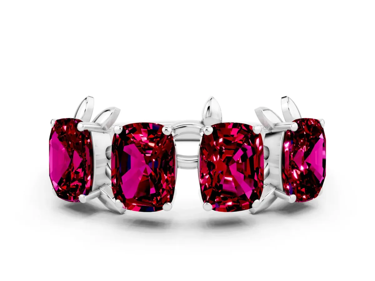 Four-Stone Elongated Cushion Garnet Band with Nature-Inspired Prong Setting Silver