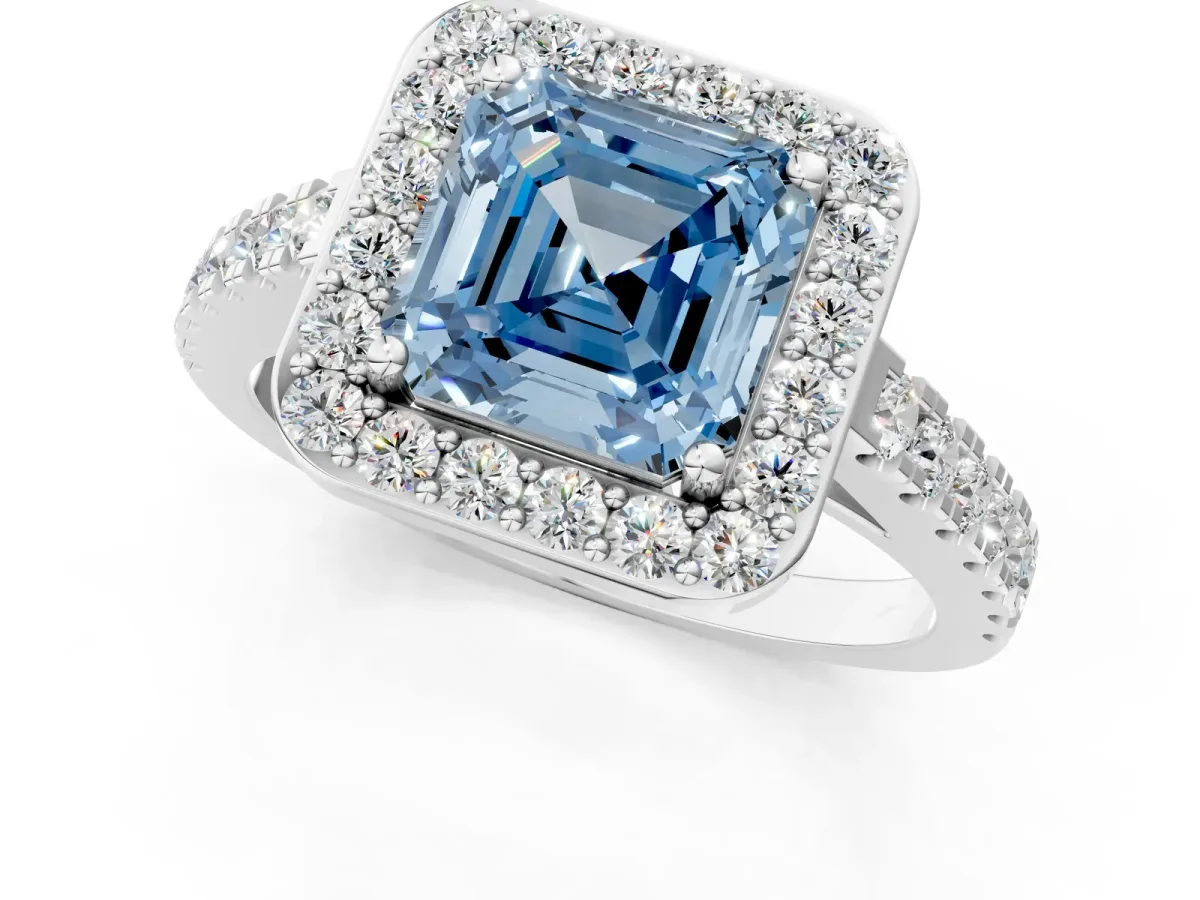 Fancy Blue Asscher Cut Diamond Halo Ring with Round Pavé Split Shank and Prong Setting Platinum