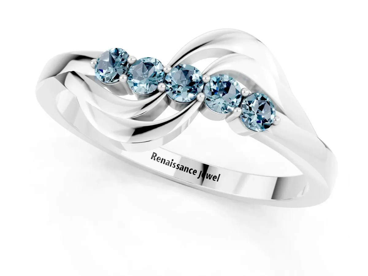 Five-Stone Round Aquamarine Crossover Band with Prong Setting Platinum