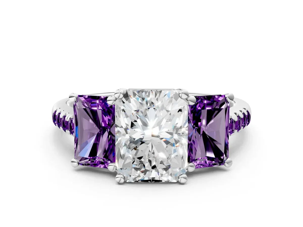 Three-Stone Radiant Cut Diamond Ring with Round Amethyst Pavé Band and Prong Setting Silver