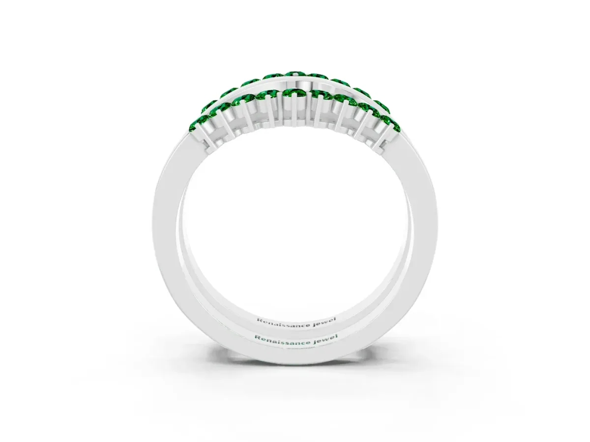 Round Emerald Chevron Contour Band with Prong Setting White gold