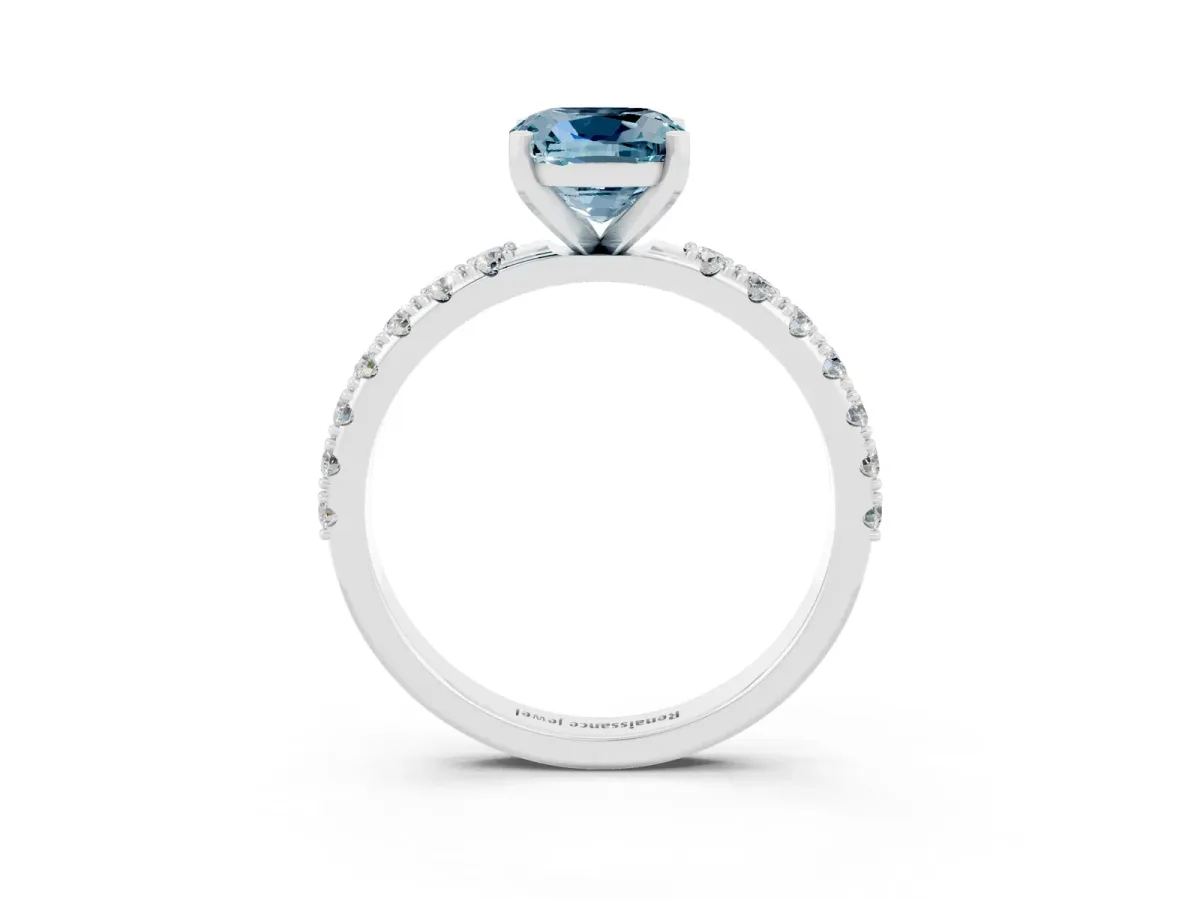 Cushion Cut Aquamarine Solitaire Pavé Band with Four-Prong Setting Silver