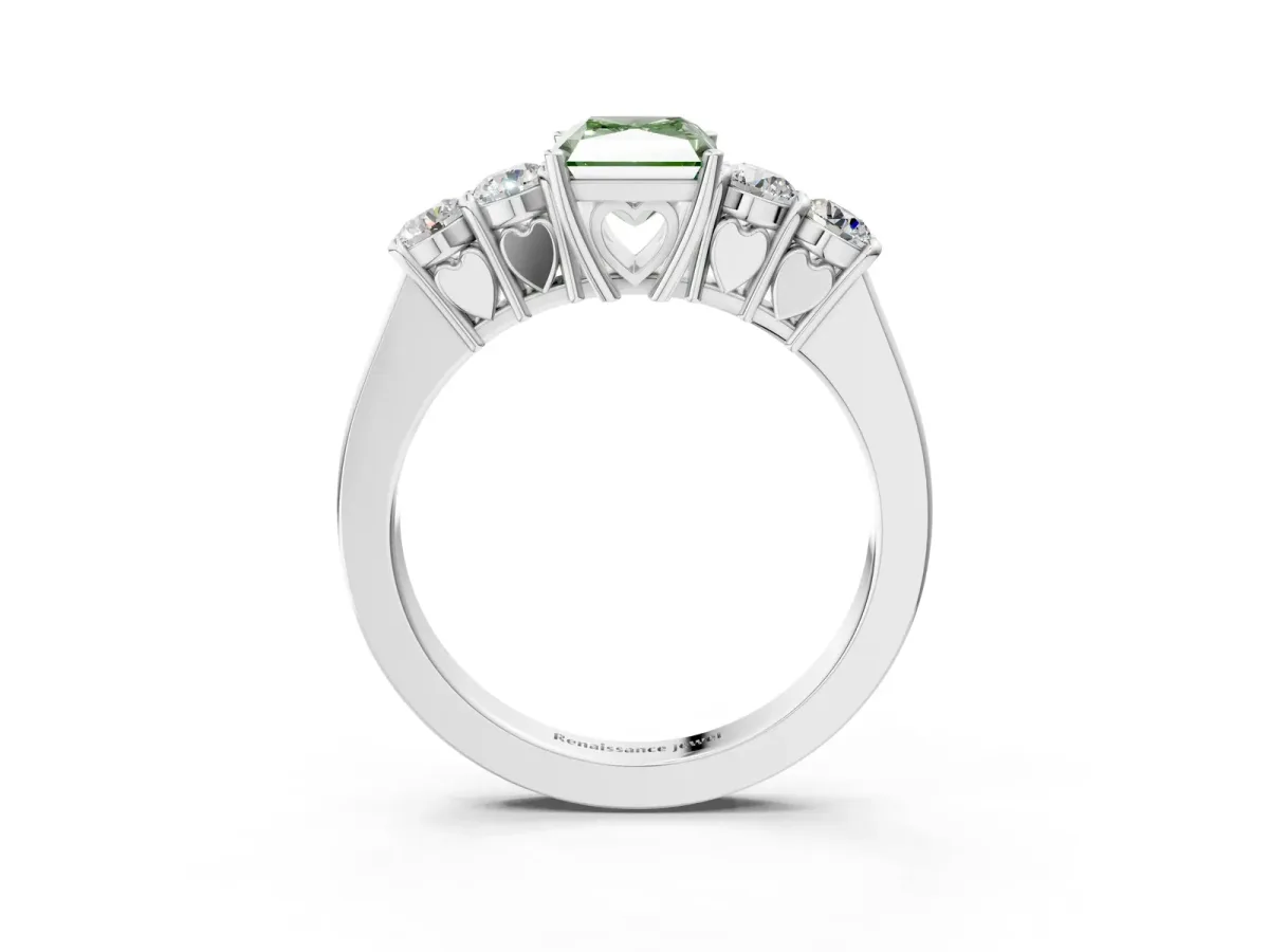 Fancy Green Radiant Cut Cut Diamond Five-Stone Prong Set White Gold Ring Platinum