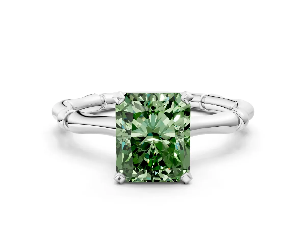 Fancy Green Radiant Cut Solitaire Diamond Ring with Bamboo Band and Four-Prong Setting Platinum