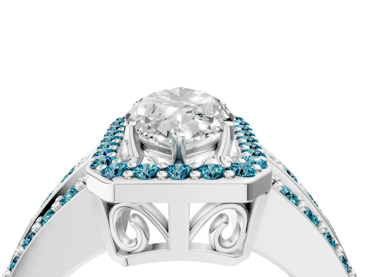 Marquise Cut Halo Diamond Ring with Round Blue Topaz Split Shank and Prong Setting Silver