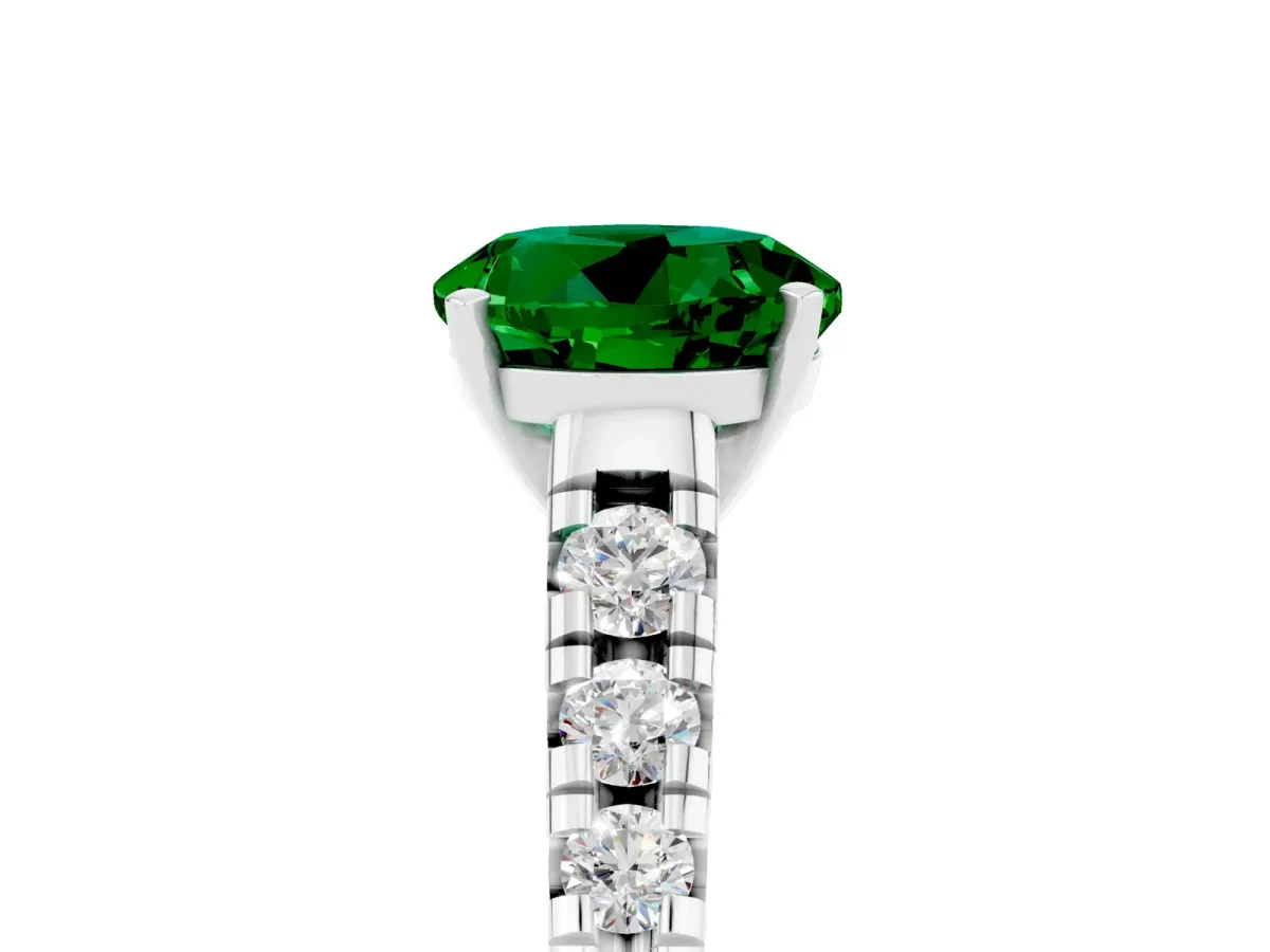 Round Cut Emerald Cathedral Solitaire Ring with Round Pavé Band White gold