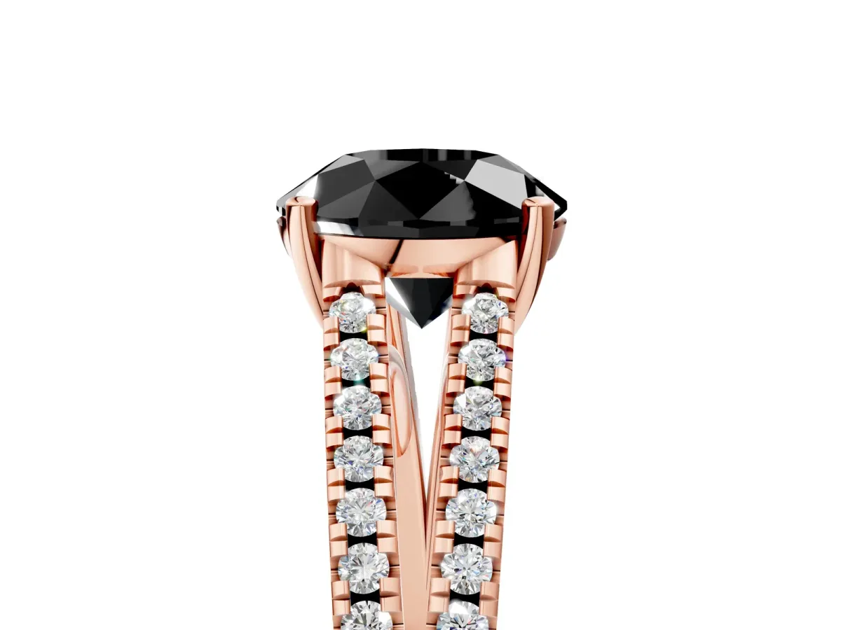Fancy Black Round Cut Diamond Solitaire Engagement Ring with Split Shank Pavé Band Rose gold