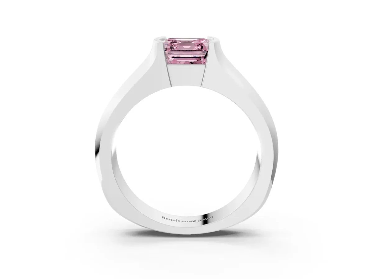 Fancy Pink Asscher Cut Solitaire Bezel Set Diamond Ring with Wide Band Platinum