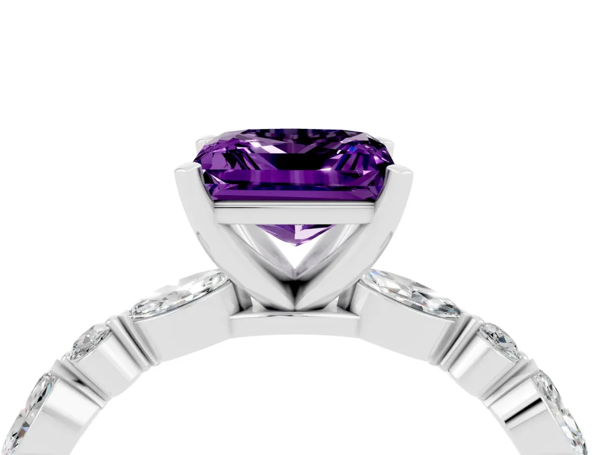Princess Cut Amethyst Ring with Marquise and Round Side Stones and Four-Prong Setting Silver