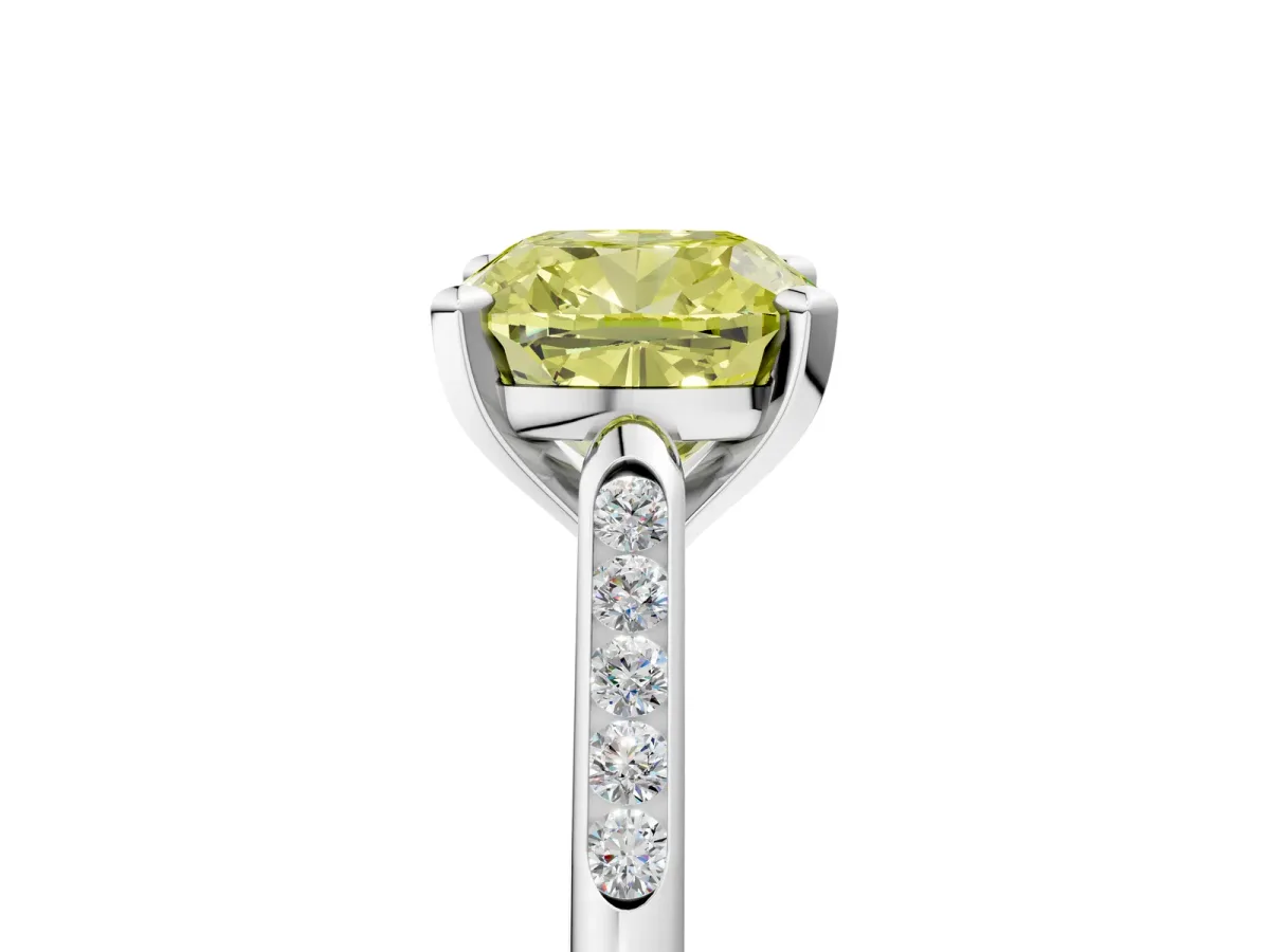 Fancy Yellow Cushion Cut Diamond Solitaire Ring with Channel Set Round Band and Prong Setting Silver