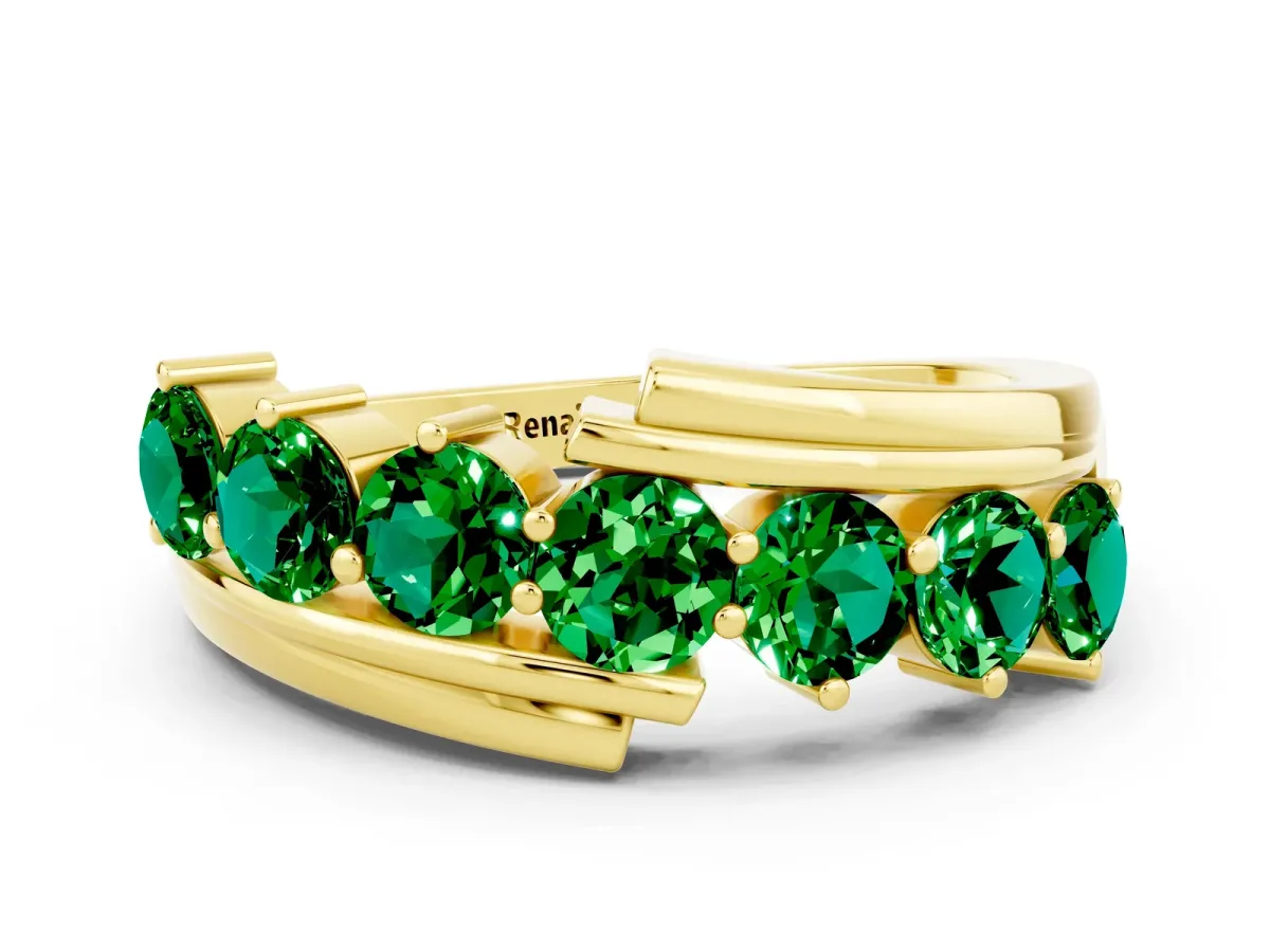 Round Emerald Wave Band with Channel and Shared Prong Setting Yellow gold