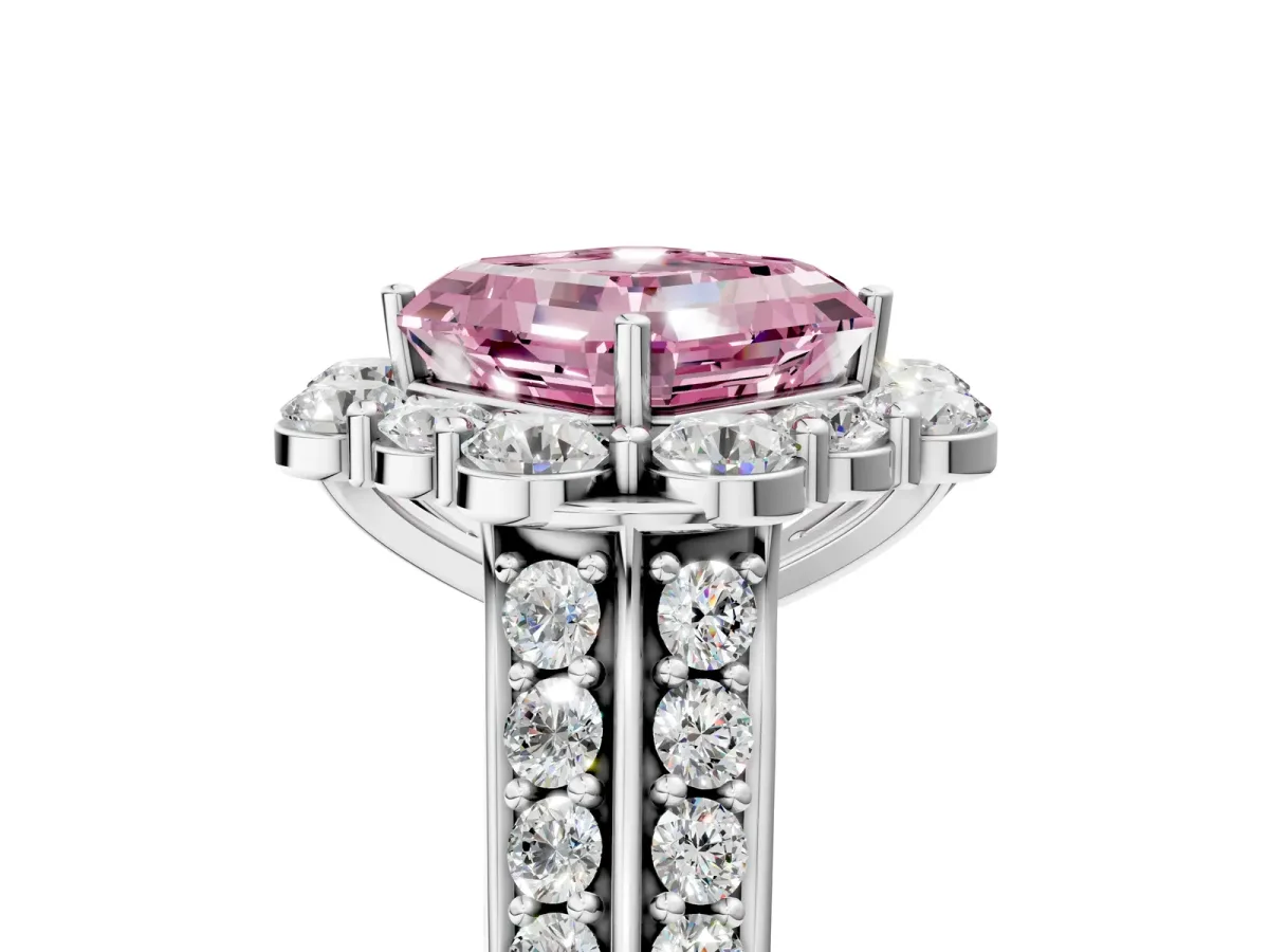 Fancy Pink Asscher Cut Halo Diamond Engagement Ring with Split Shank and Prong Setting Platinum