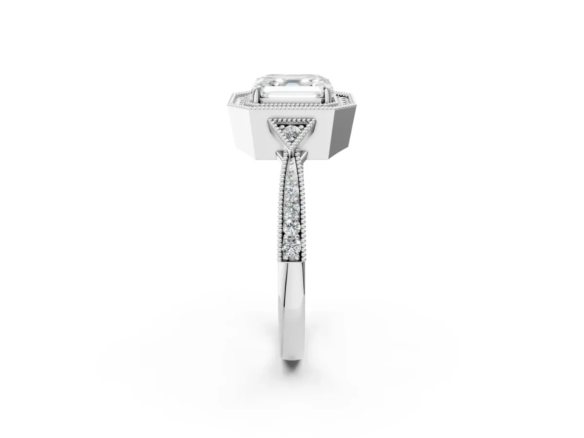 Asscher Cut Halo Round Diamond Milgrain Pave Engagement Ring Platinum