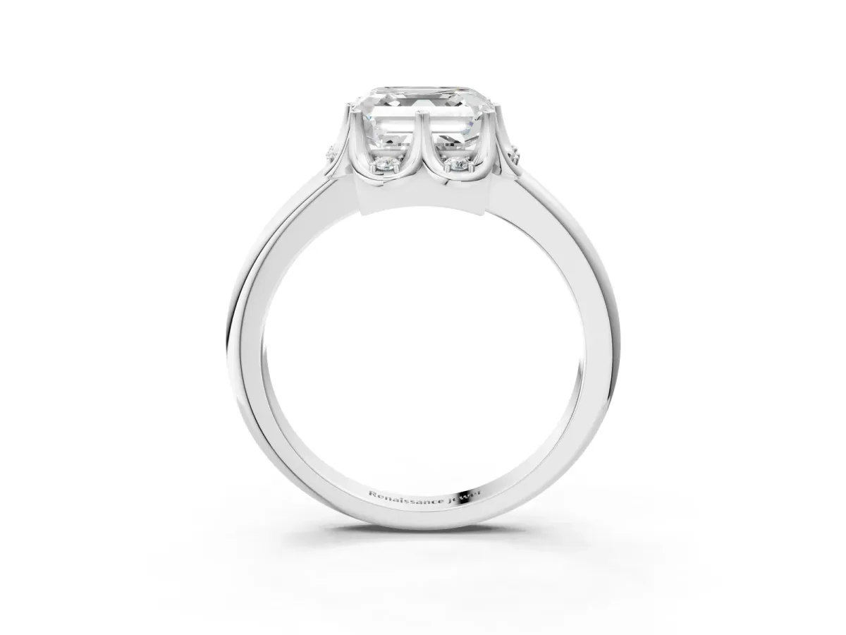 Asscher Cut Halo Diamond Ring with Round Cluster Setting, Solitaire Band, and Four-Prong Setting Platinum