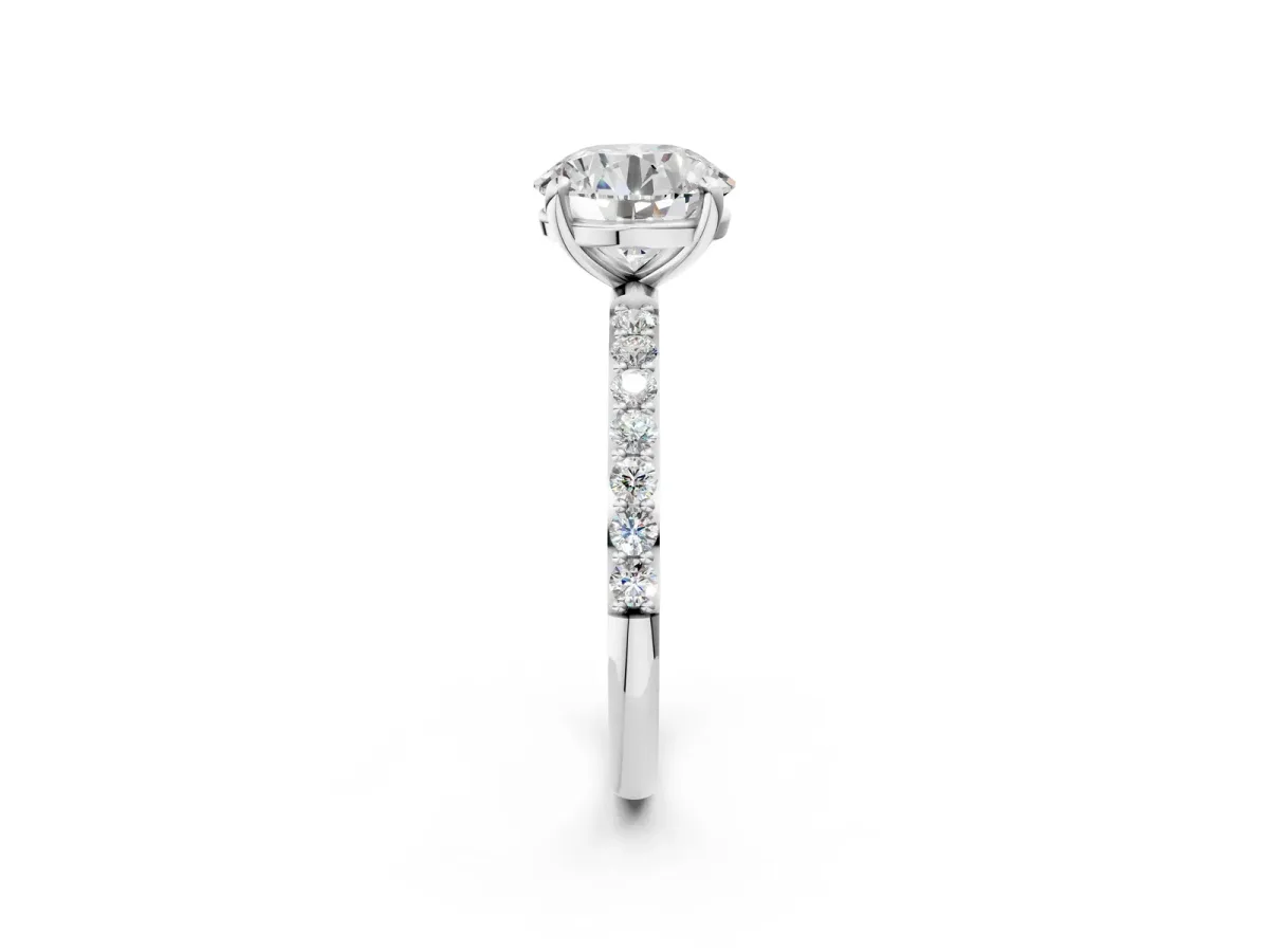 Round Cut Diamond Solitaire Ring with Round Pavé Band and Prong Setting Platinum