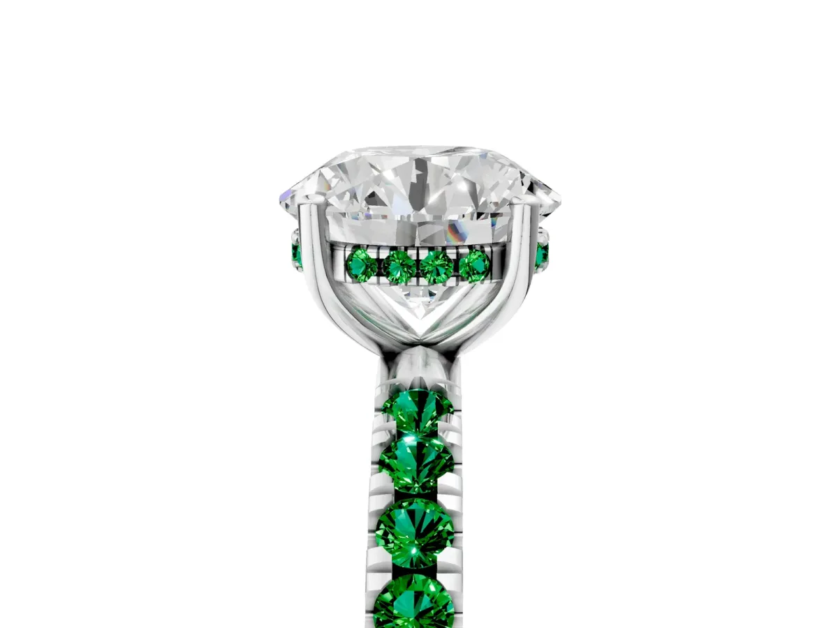 Round Cut Diamond Pave Band Solitaire Ring with Round Emerald and Prong Setting White gold