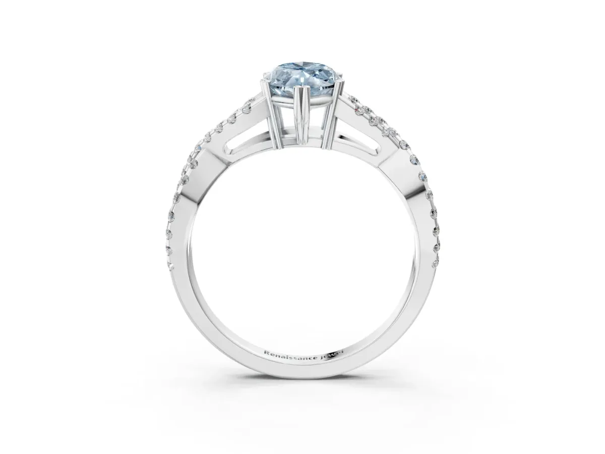 Fancy Blue Marquise Cut Diamond Solitaire Ring with Four-Prong Setting and Twisted Pavé Band Silver