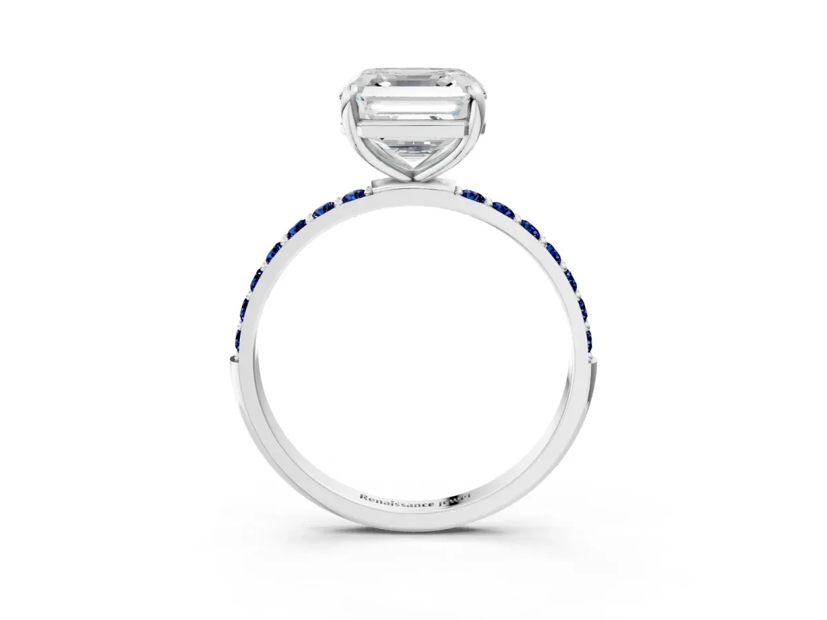 Asscher Cut Diamond Solitaire Ring with Round Blue Sapphire Pavé Band and Prong Setting Silver