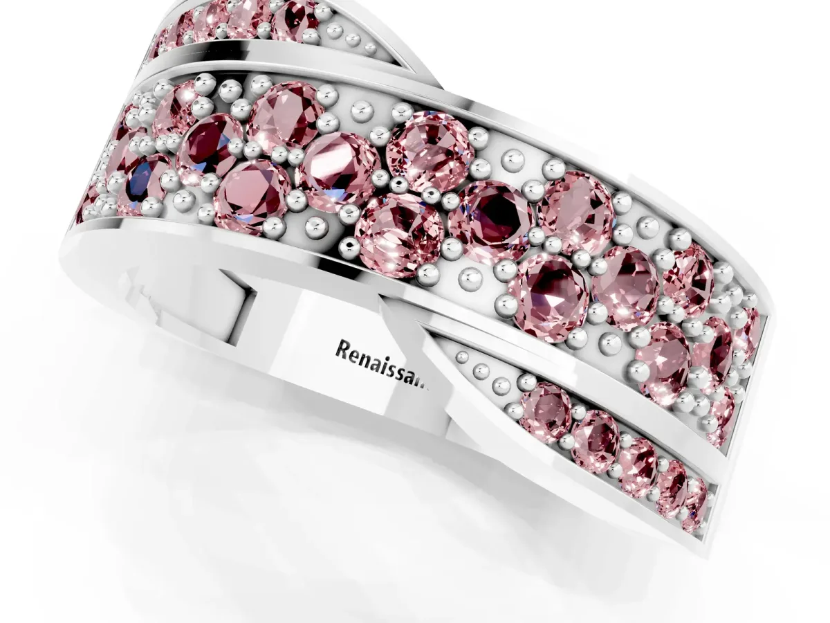 Pavé Round Morganite Crossover Band with Bead Prong Setting Silver