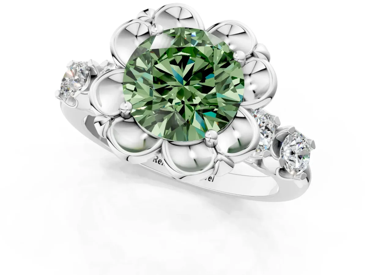 Fancy Green Round Cut Cut Diamond Floral Halo Engagement Ring with Shared Prong Setting Silver