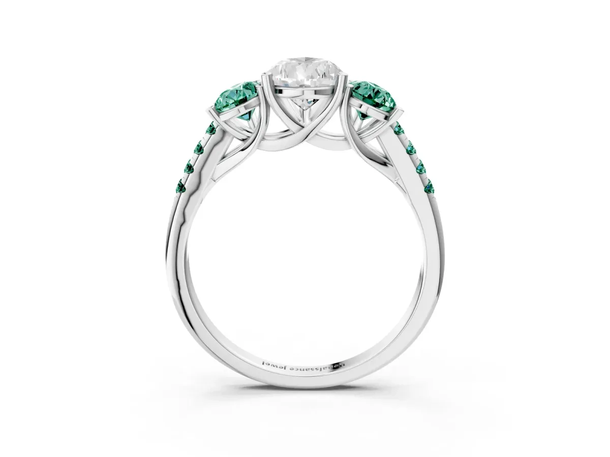 Three-Stone Pear Cut Diamond Ring with Round Green Sapphire Pavé Band and Prong Setting Silver