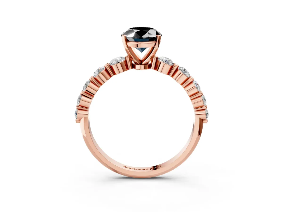 Fancy Black Oval Cut Solitaire Diamond Ring with Pave Band and Four-Prong Setting Rose gold