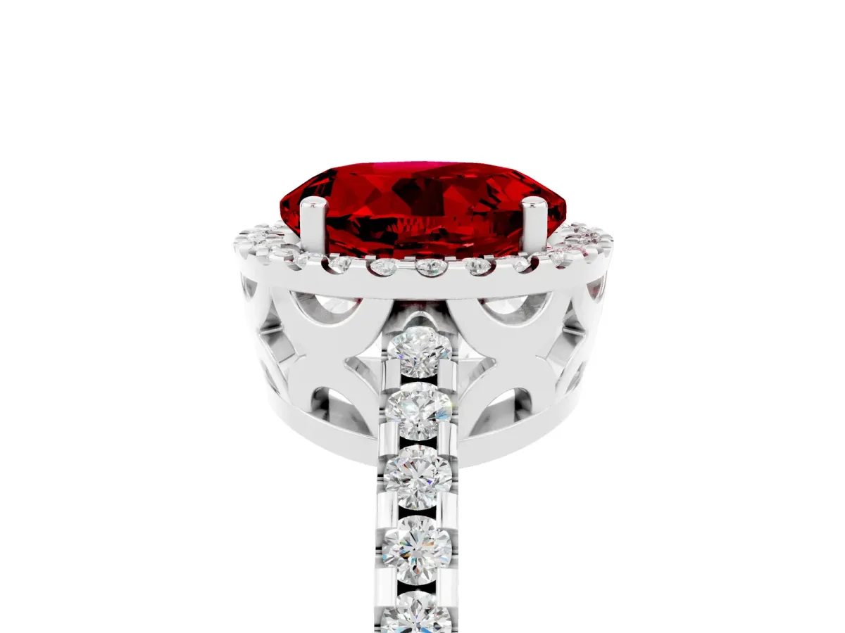 Round Cut Ruby Halo Engagement Ring with Pavé Band and Prong Setting White gold