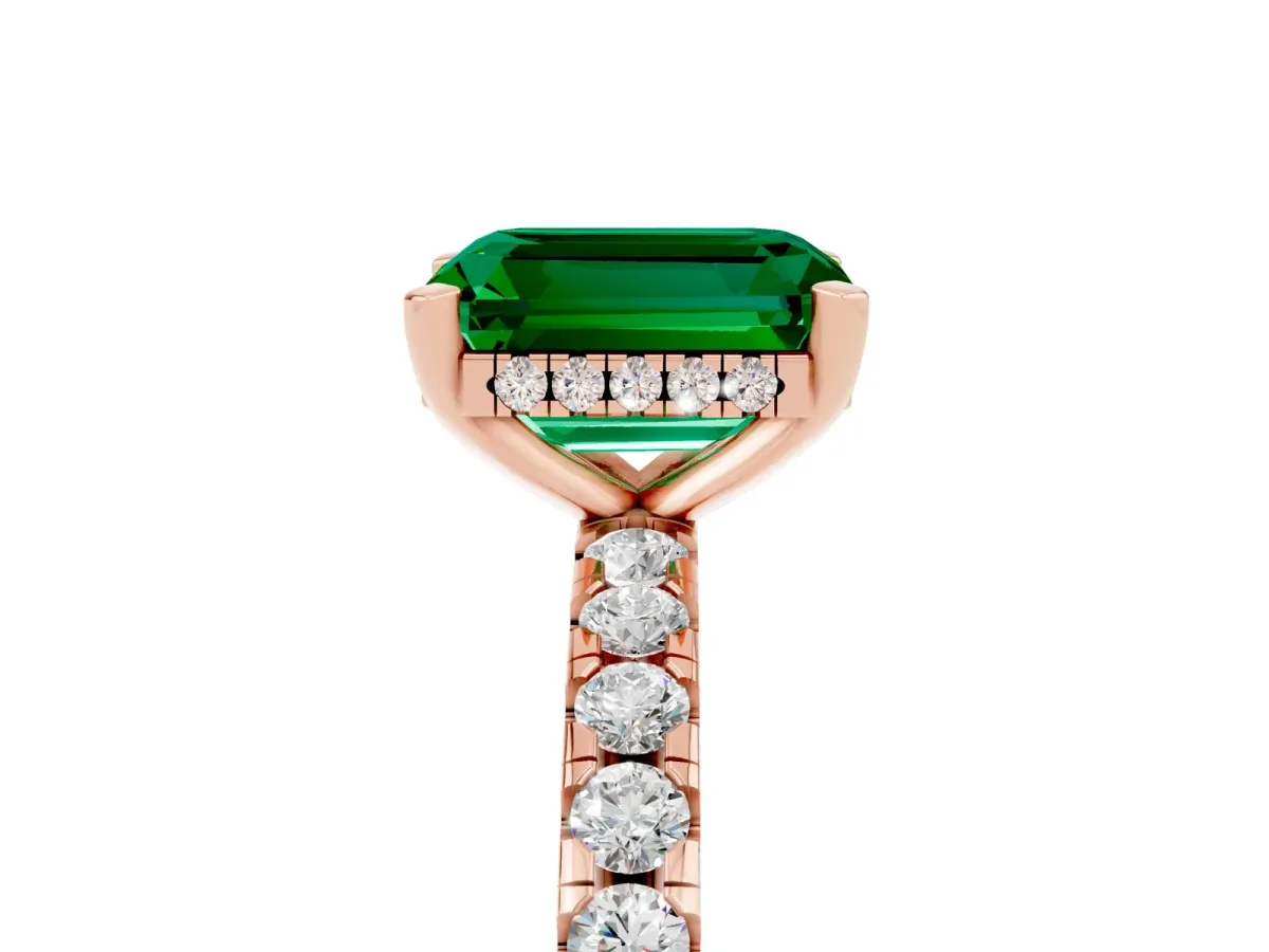 Emerald Cut Emerald Solitaire Ring with Round Pavé Band and Four-Prong Setting Rose gold