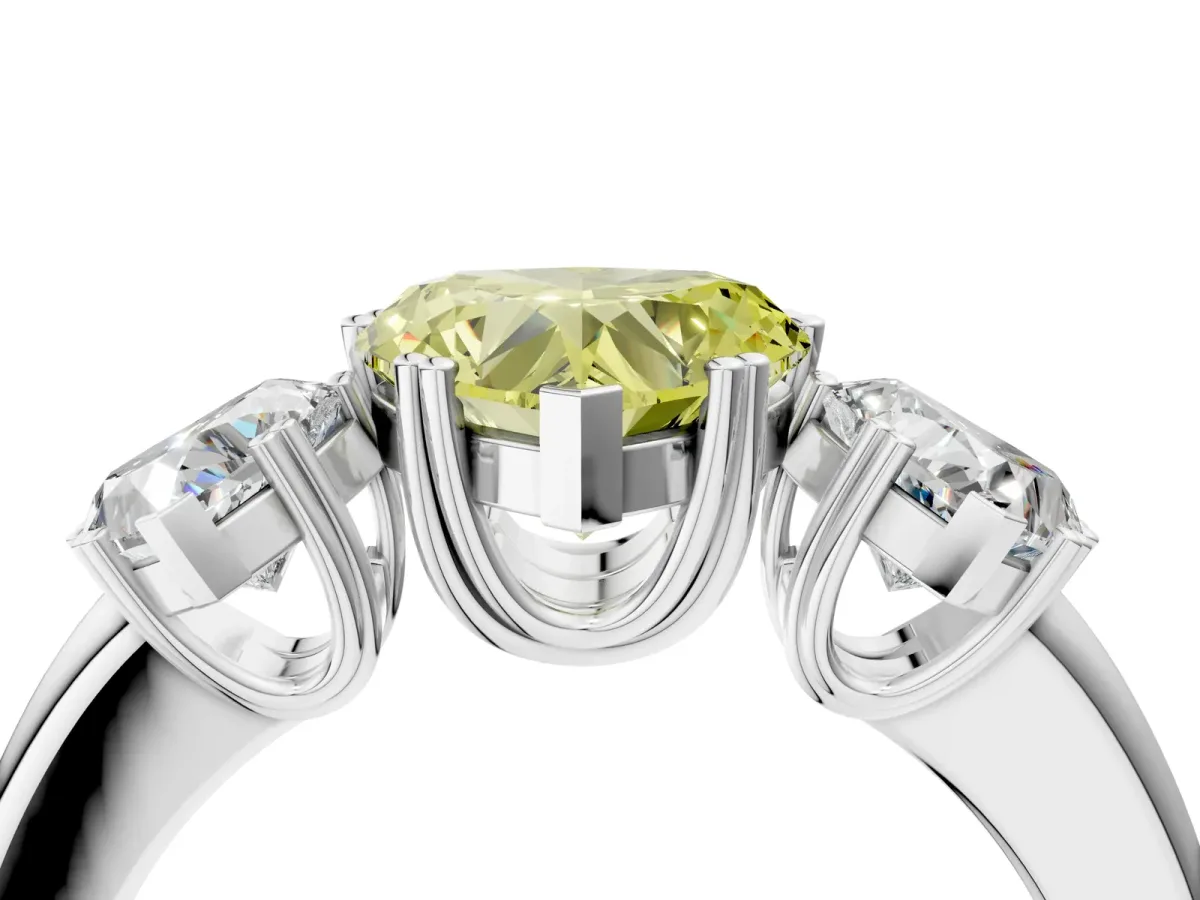 Fancy Yellow Three-Stone Heart Cut Cut Diamond Ring with Channel Set Band and Four-Prong Setting Silver