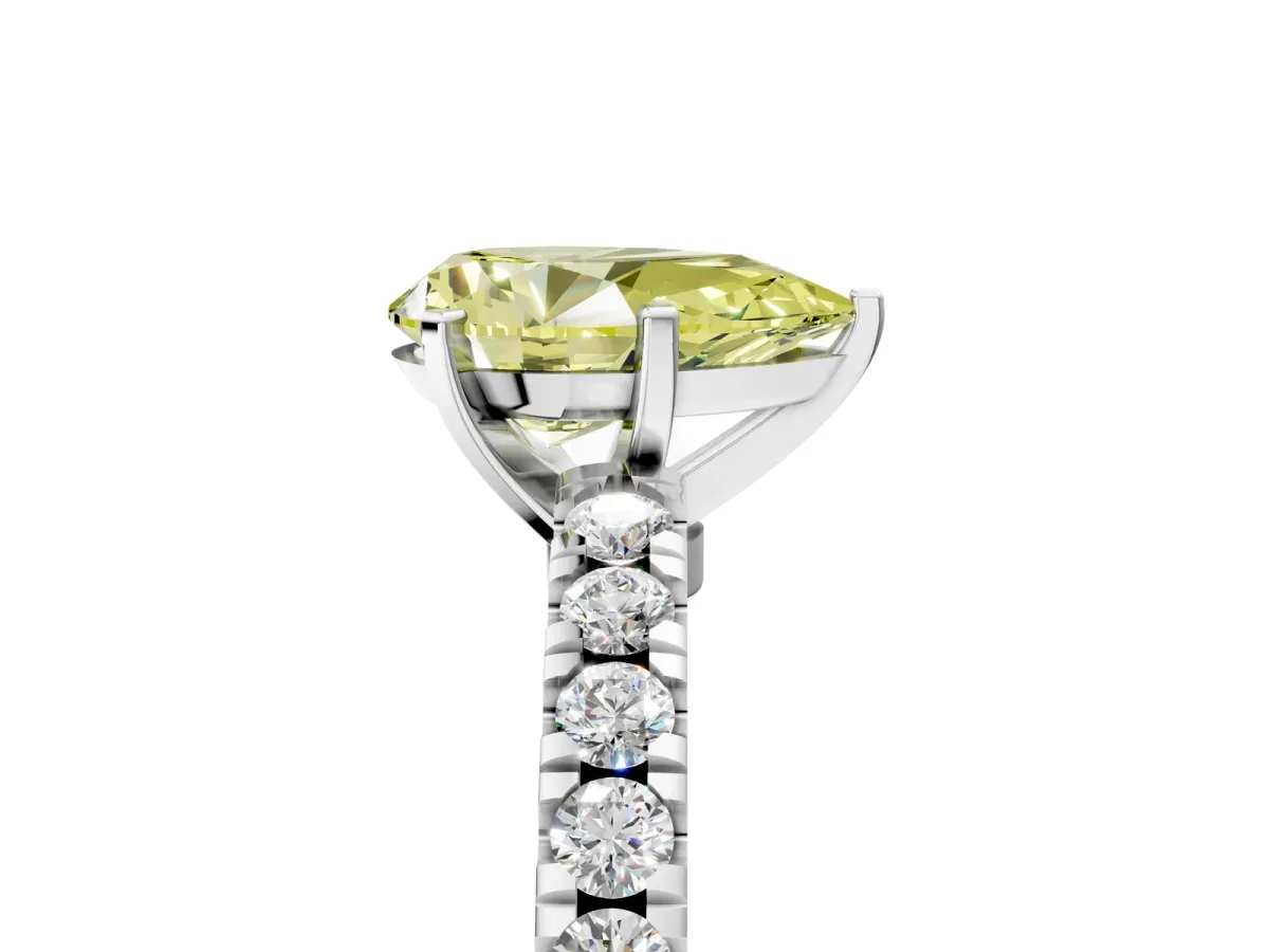 Fancy Yellow Pear Cut Solitaire Diamond with Pavé Band and Four-Prong Setting Silver