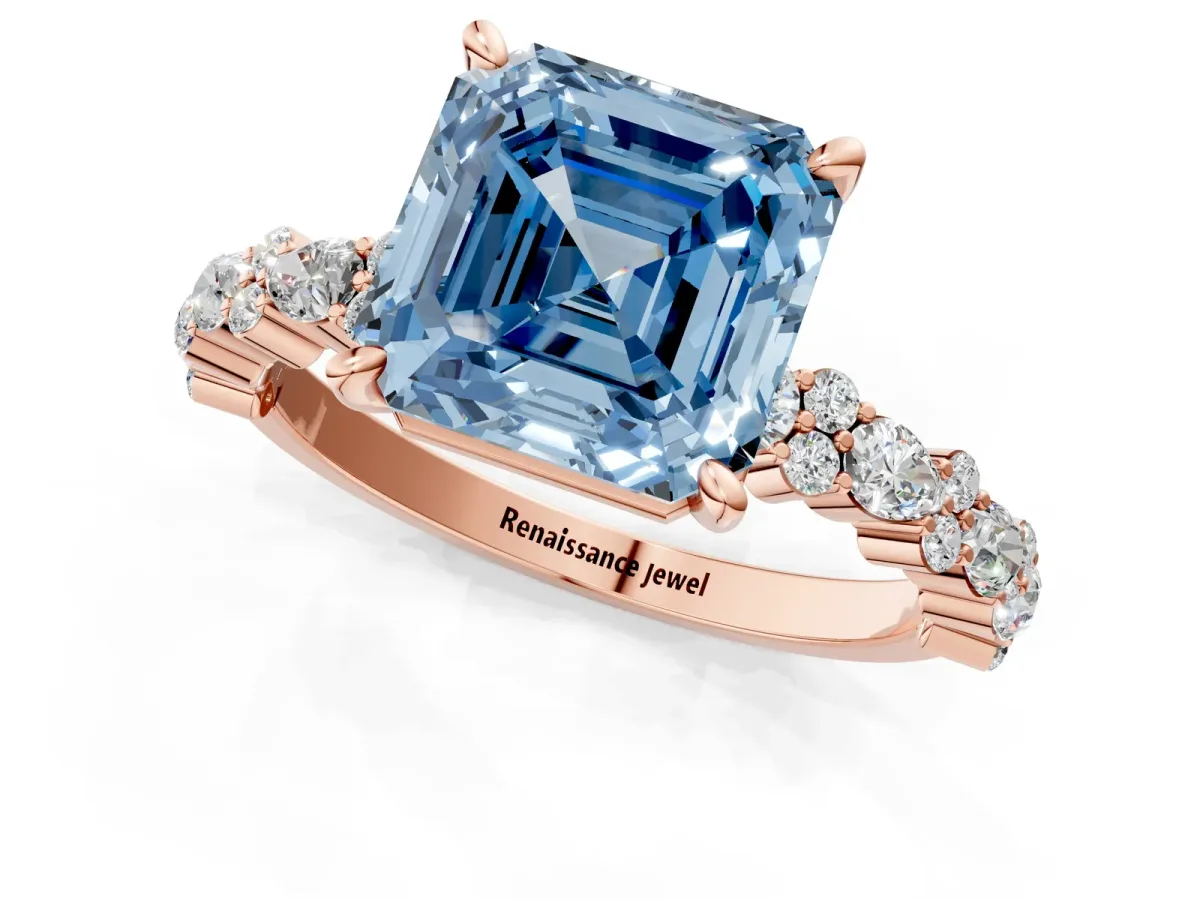 Fancy Blue Asscher Cut Diamond Side Stone Solitaire Ring with Round and Four-Prong Setting Rose gold