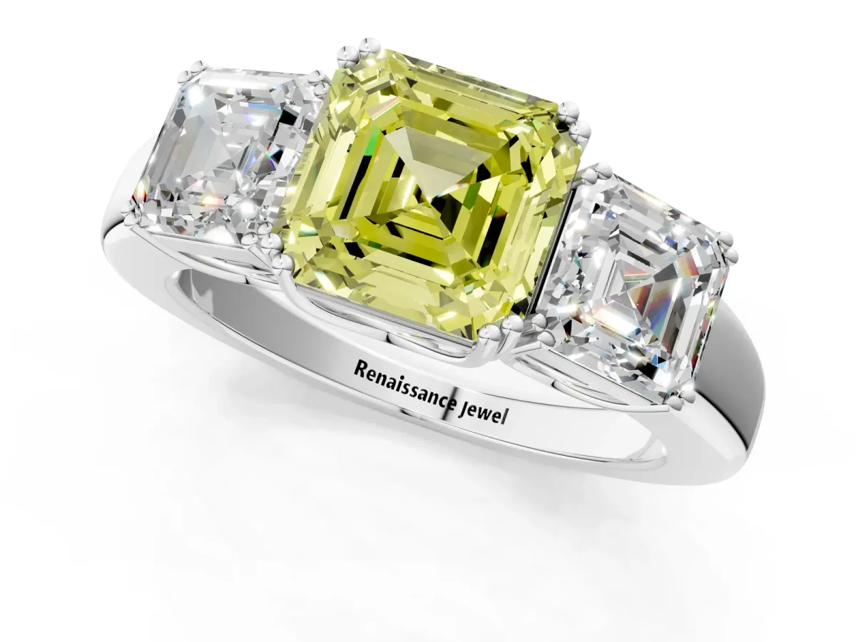 Fancy Yellow Three-Stone Asscher Cut Cut Diamond Ring with Channel Set Band and Four-Prong Setting Silver